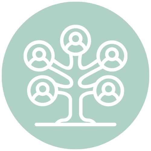 A mint green circle with a cartoon tree with people on the ends in the center. A decorative way to bring patrons to our genealogy links page.