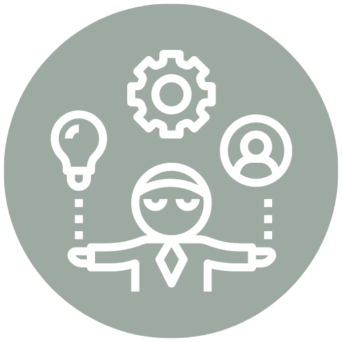 A gray/green circle with a cartoon person in the center with a gear and light bulb above them. Decorative way to link to additional resources.