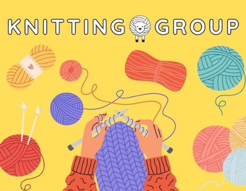Cartoon image of hands knitting something and balls of cartoon yarn border the image.