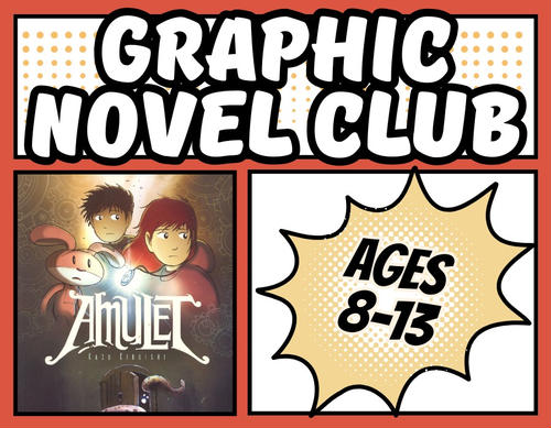 The book cover and bubble letters Graphic Novel Club.