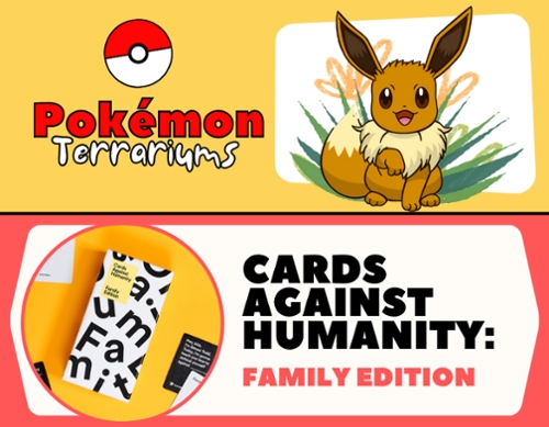cartoon pokeball and the family game cards agains humaninty to accompany the news item.