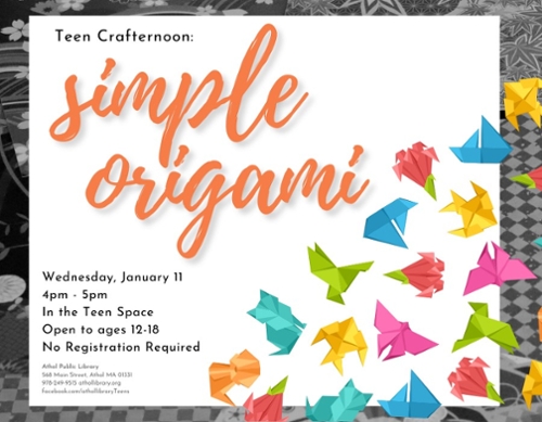 Colorful origami birds and the program information.