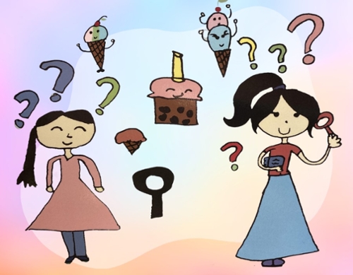 Cartoon girls with cartoon ice cream and a cartoon cupcake.