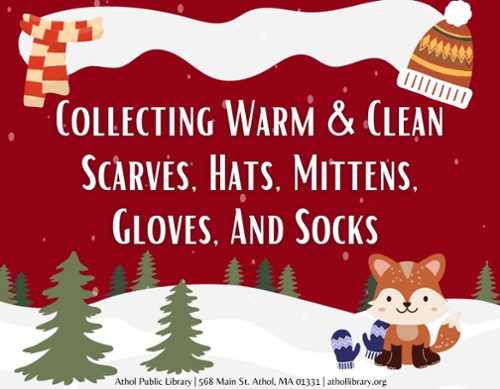 Cartoon winter scene with scarves, hats, and a fox.