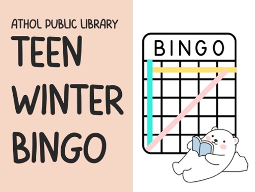 Cartoon image of a BINGO board and a bear reading a book.