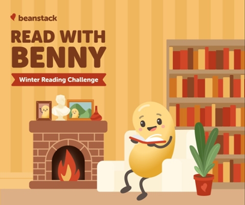 Image of the cartoon Benny bean reading in front of a fireplace.