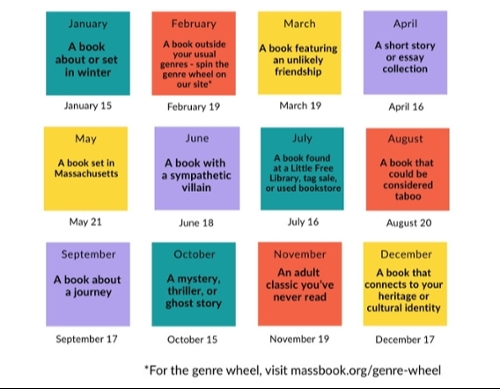Colorful blocks with the theme and date for each month of the year.