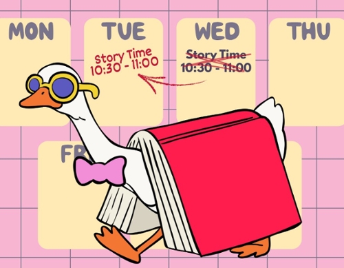 A cartoon goose with a storybook in front of a calendar to indicate story