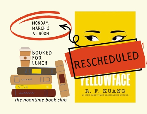 Booked for lunch logo withe text RESCHEDULED across the bookcover