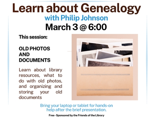 A document pocket with old photos inside with the text 'Learn about Genealogy' .