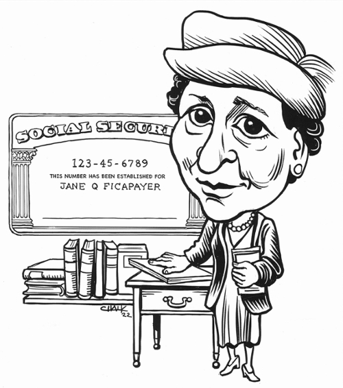 Caricature cartoon image of Frances Perkins.