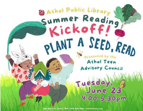 Cartoon image of children and teens reading books surrounded by books, veggies, and bugs.