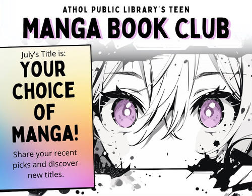 Image of purple Manga eyeballs with the text Manga Book Club.