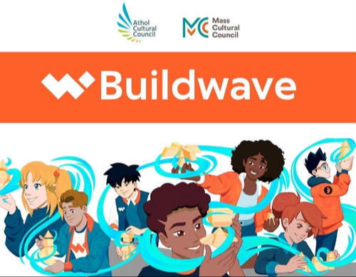 Cartoon teens and tweens with a blue cartoon wave.