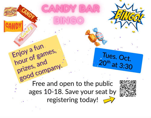 Cartoon candies and the word BINGO in bubble letters.