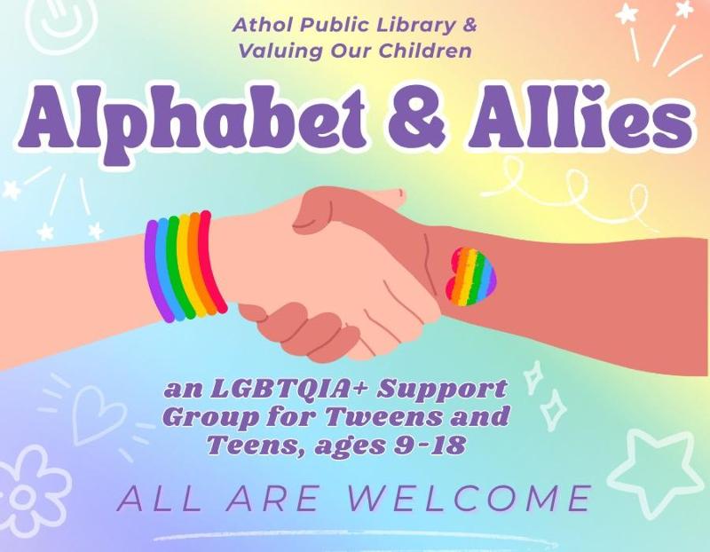 Cartoon hands holding each other with rainbow bracelets.