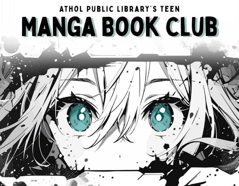 Cartoon Manga person with teal eyes and the text Manga Book Club.