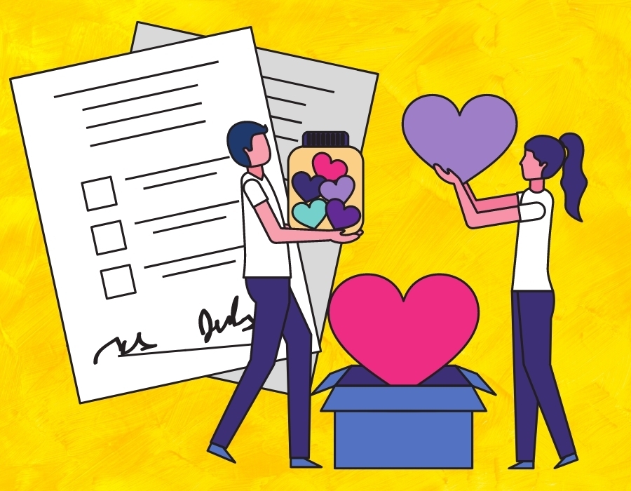 Cartoon of a boy and a girl holding hearts with forms and a yellow backdrop behind them. Decorative to link patrons the the application form.