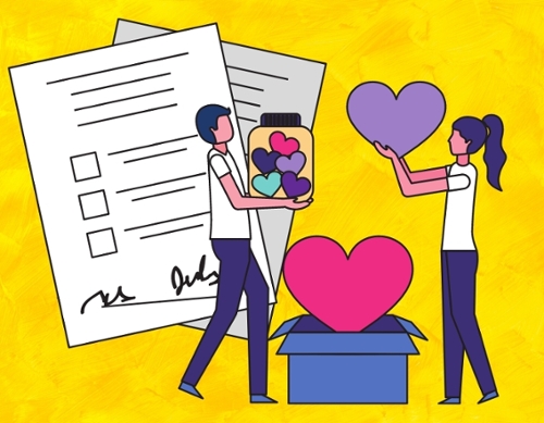 Cartoon of a boy and a girl holding hearts with forms and a yellow backdrop behind them. Decorative to link patrons the the application form.