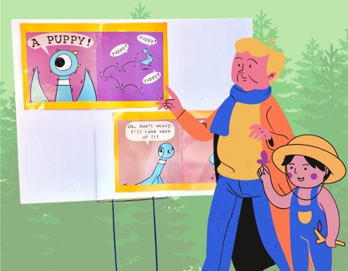 Cartoon image of an adult and a young boy on a story walk reading Mo Willem's A Puppy! Directs you to a new page.