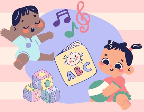 Cartoony image of toddlers playing and singing.