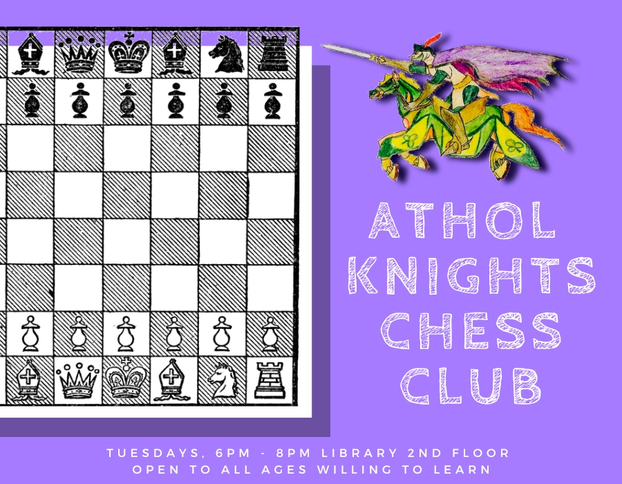 A drawing of a knight on a green dragon and a cartoon chess board.