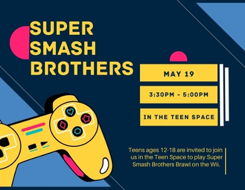 Cartoon game controller with Super Smash Brothers cartoon writing to accompany the news item.