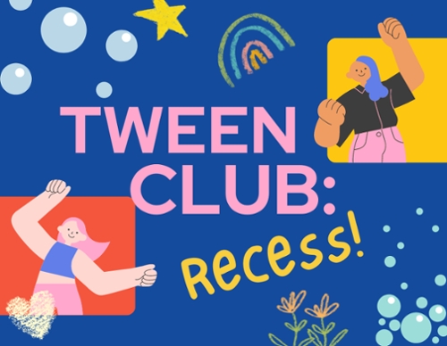 Cartoon image of tweens with bubbles and a rainbow and flowers made with chalk.