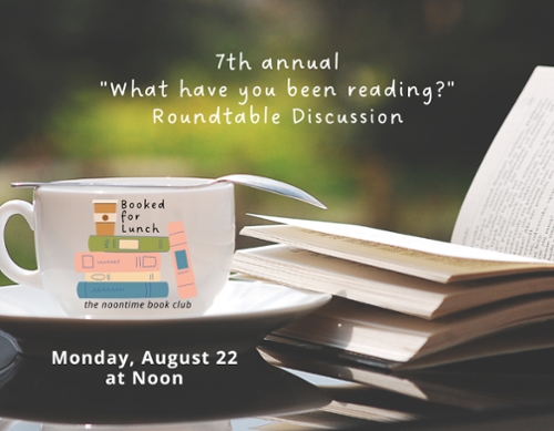 A book with a mug next to it with the Booked For Lunch Logo of a cartoon book s tack.