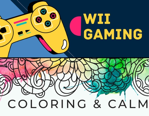 A cartoon game controller and the coloring and calm flyer image of clors across flowers to fill in with color.