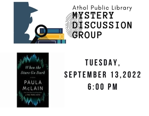 Mystery group logo with a siloutte of a detective with a stack of books and the cover image of the book.