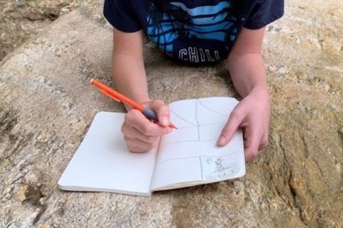A journal drawing iwth some hands drawing in the notebook.