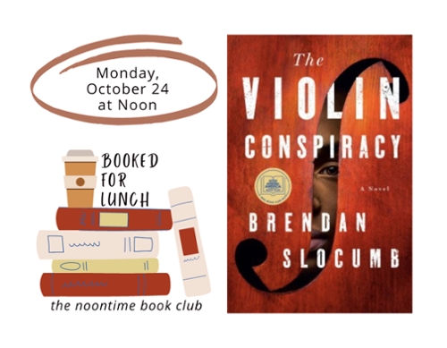 Book cover and the booked for lunch logo of stacked books.