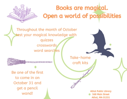 Cartoonish book with flowers, a broom, a dragon, and a wand.