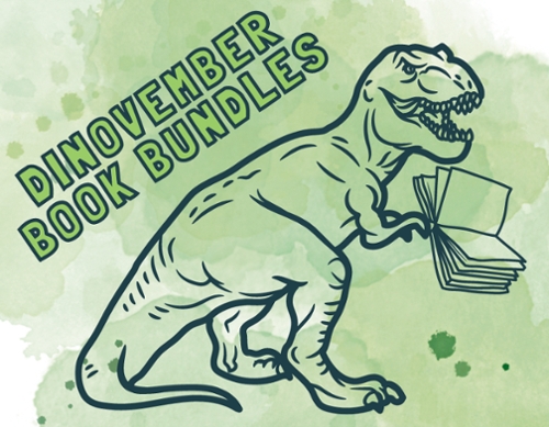 A green cartoon T-Rex with a book.