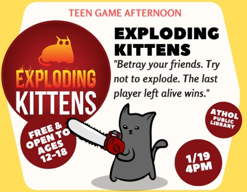 Cartoon kitten with a chainsaw advertising the same information as the text.