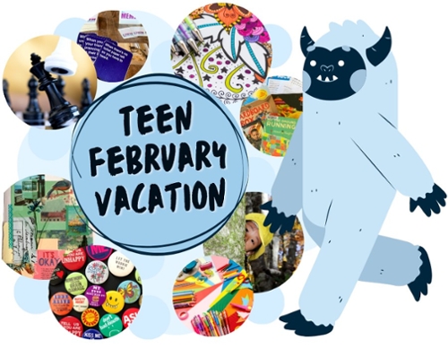 A cartoon snow yetti with tiny images of all the activities listed in this news item.