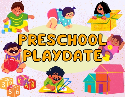 Crayon drawn cartoon preschoolers playing.