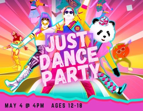 Cartoon dancers in front of a rainbow colored backdrop