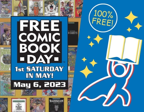 Graphic novel image collage with a cartoon superhero holding open a book.