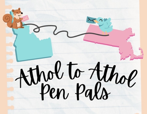 Map outline of Idaho in light blue with a line going to a pink map outline of Massachusetts.