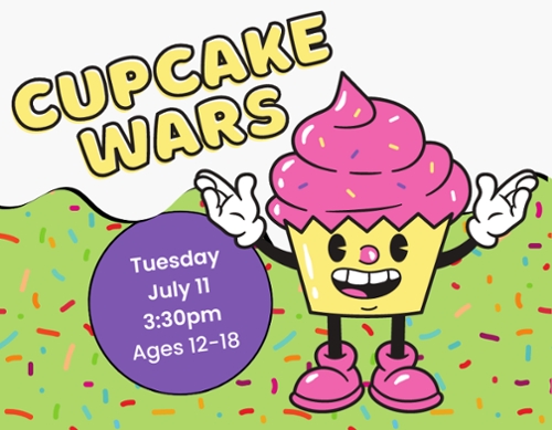 A cartoon cupcake with pink frosting and sprinkles smiling back at you.