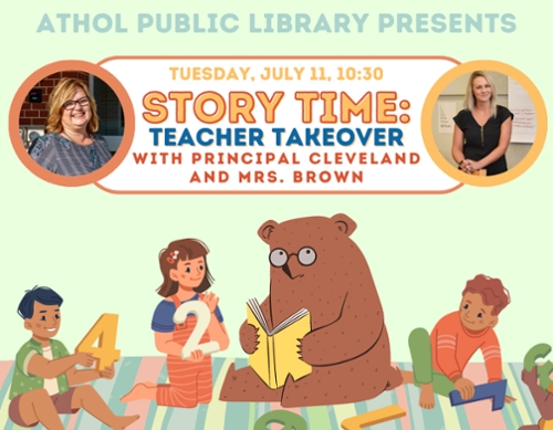 A cartoon bear reading to children with the news text and images of Mrs. Brown and Principal Cleveland.