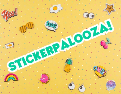 A light mustardy backdrop with colorful tiny dots and stickers all over it.