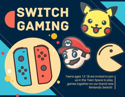 Cartoon Mario and Pac Man with cartoon switch controllers.