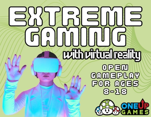 A child with VR headsets on and cartoon mushrooms in the corner to accompany the news item.
