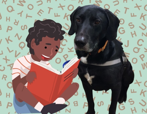 Cartoon black boy reading to a real black lab dog, Hunter.