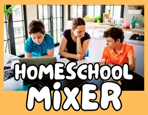 An adult mother helping two boys do homework in a kitchen.