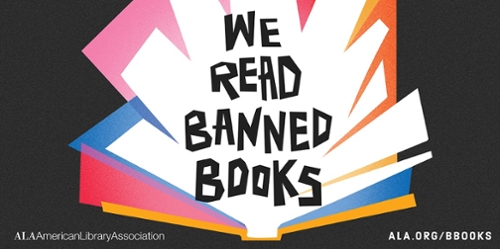 ALA.org Banned Books image of an open book with the text We Read Banned Books.