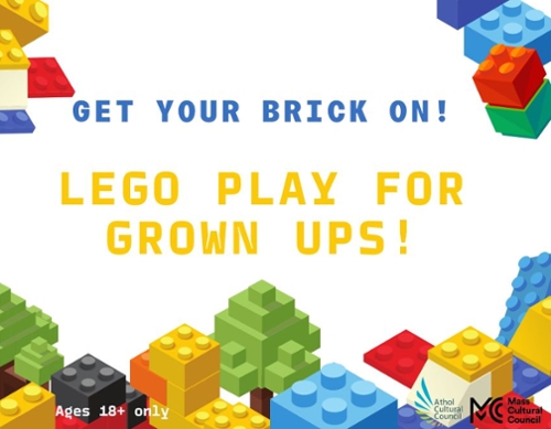 A border of LEGO’s wit text LEGO play for Grown Ups.